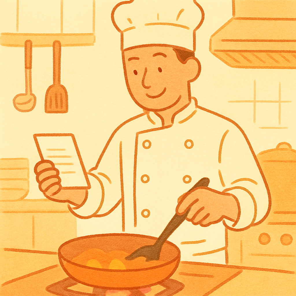 厨房で伝票を確認する料理人