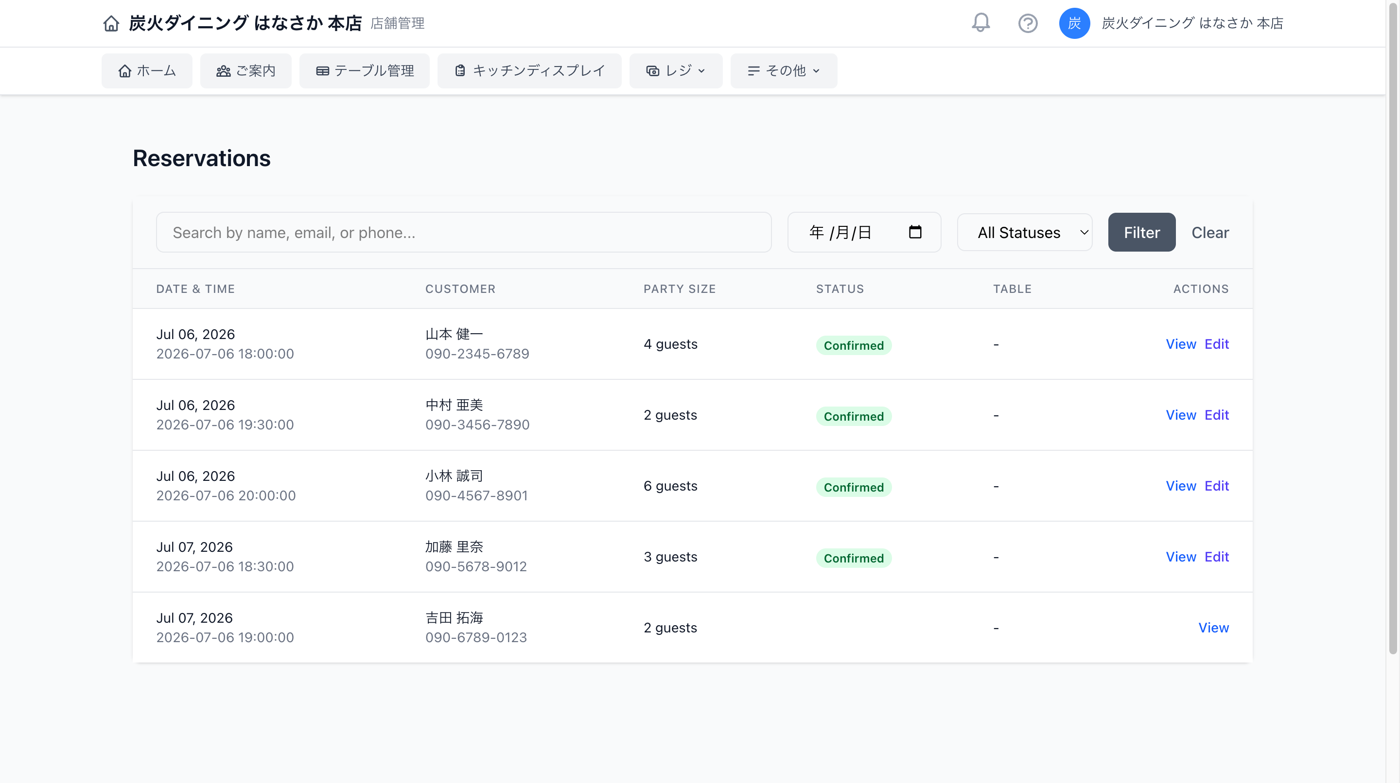 予約管理画面。日付ごとの予約一覧が表示されている