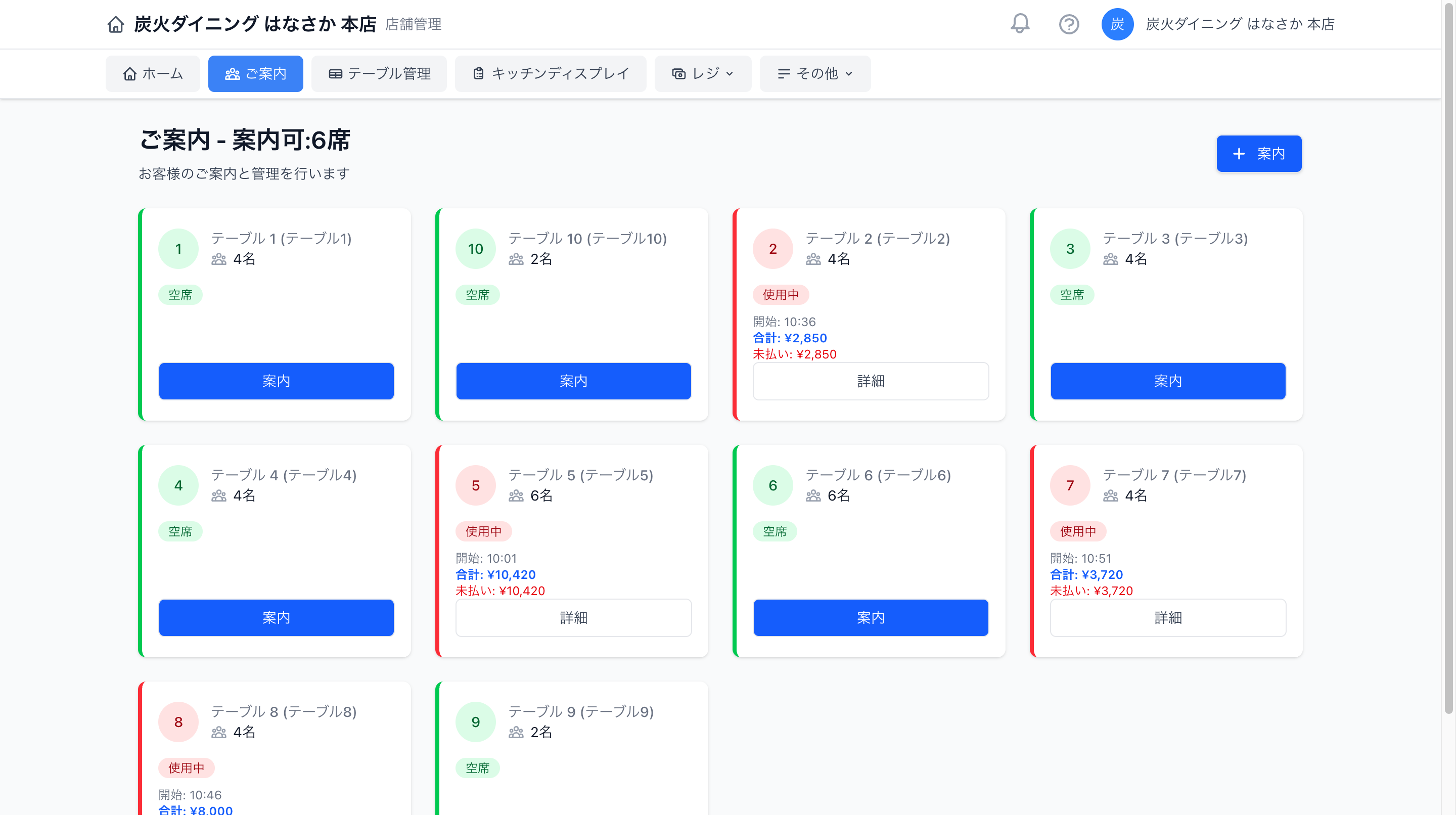 セッション一覧画面。テーブルごとの利用状況が並ぶ